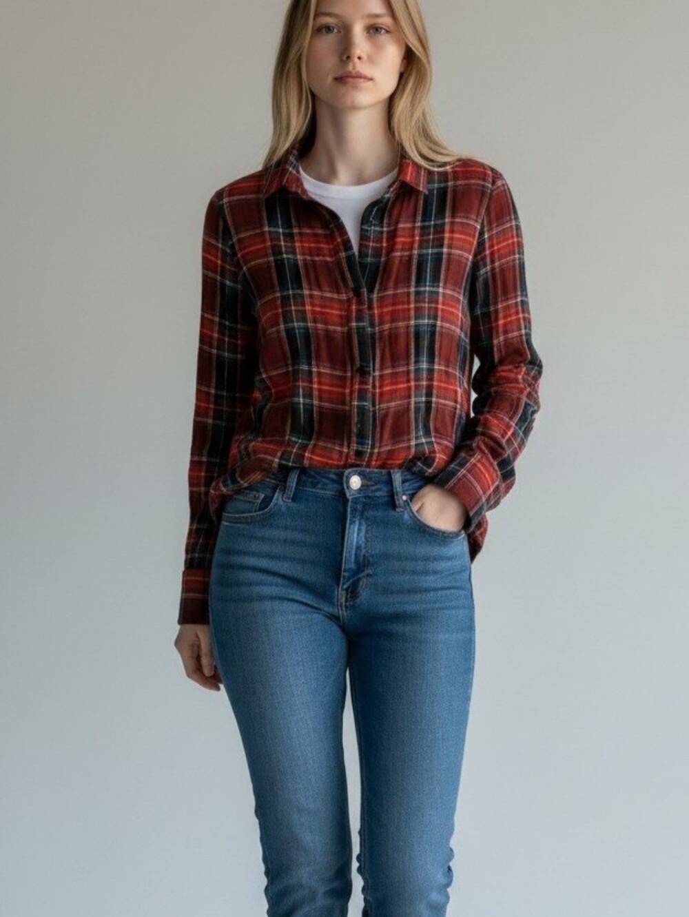 Reformation Red & Black Plaid Button-Down Shirt
